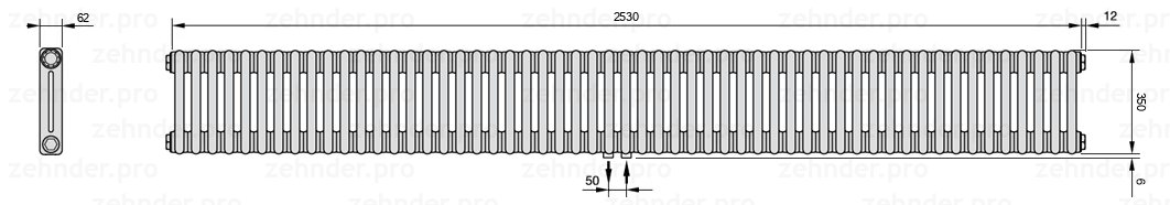 Схема (чертеж) Радиатор Zehnder Charleston 2035/55 №5410 Белый глянцевый RAL 9016